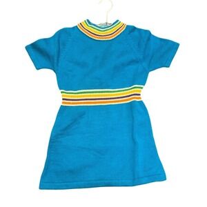 Vintage 70s Girls Knit Dress Blue Rainbow Striped Mock Neck Short Sleeve Size 6